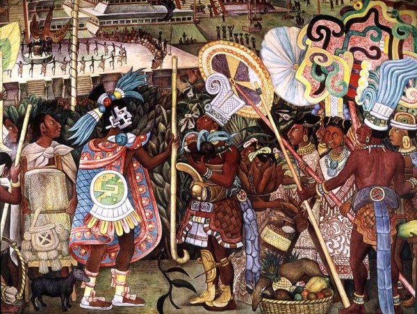 The Culture of Totonaken, detail of Totonac nobility trading with Aztec merchants 1950