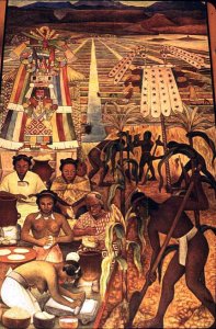 The Huastec Civilisation, detail showing the cultivation of the millenarian plant and natives making various corn dishes, 1950